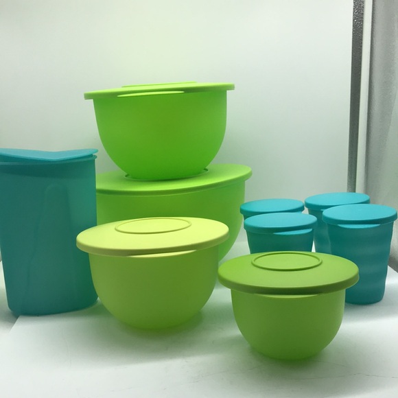 Tupperware Impressions Classic  Bowl  (4) & Jug (4) Tumbler Green & Blue Color - Picture 11 of 16